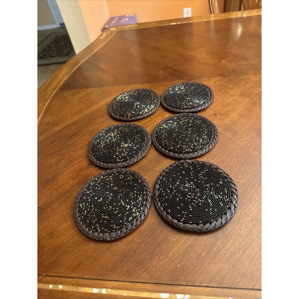 KENYAN Glass Beaded  LEATHER Placemats/Chargers Luxe GOLD & WHITE 5” A SET OF 6